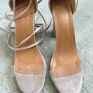 Beige Chunky Bling Pumps With Lace-up heels